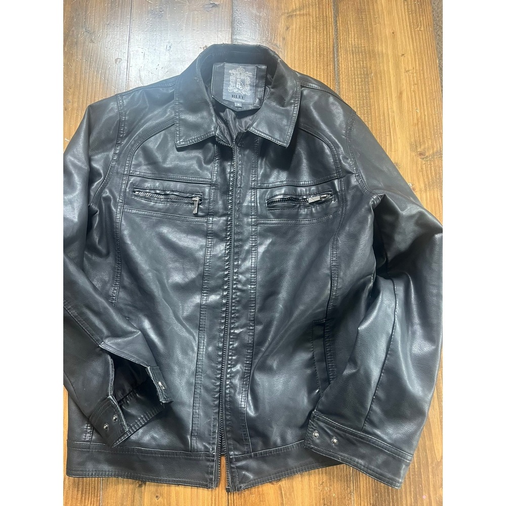 Bleu Grandeur Mens Faux Leather Moto Jacket Black Full Zip Quilted Lining Size M